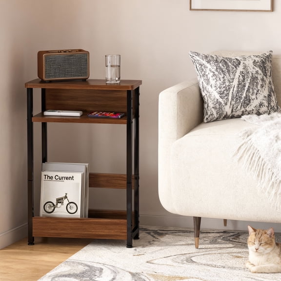 Narrow Side Table, 3-Tier Slim End Table with Storage Shelf, Modern Sofa Thin Side Tables for Small Spaces,Nightstand with Magazine Rack Space Saving
