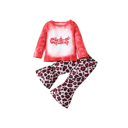 

TheFound Toddler Baby Girl 2Pcs Christmas Clothes Merry Christmas Letter Pullover Tops + Leopard Bell Botton Pants Set