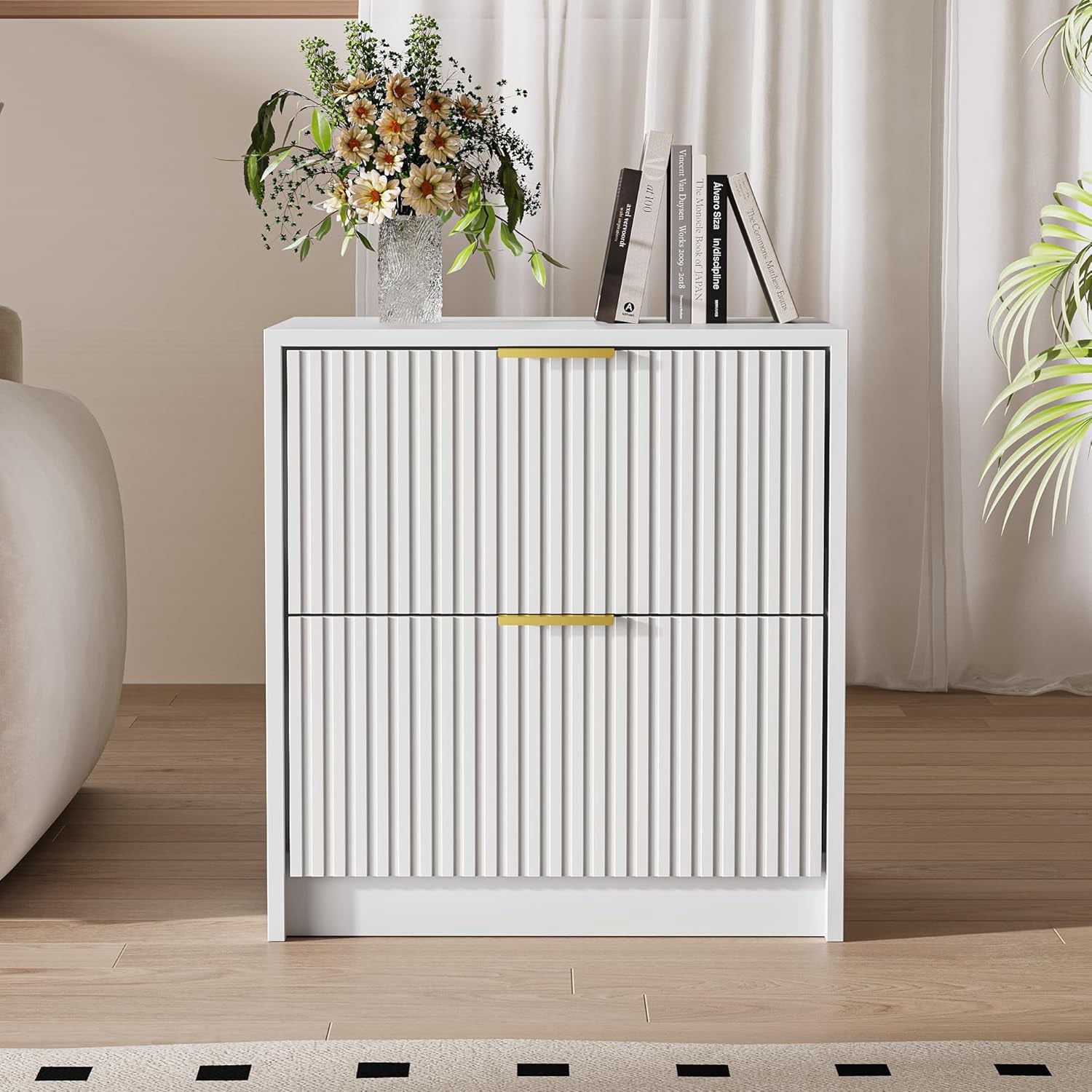 FURNIWAY Set of 2 Fluted Nightstand with 2 Drawers, Modern Storage Bedside Table with Golden Metal Handles, Wooden End Table for Bedroom, Living Room, White
