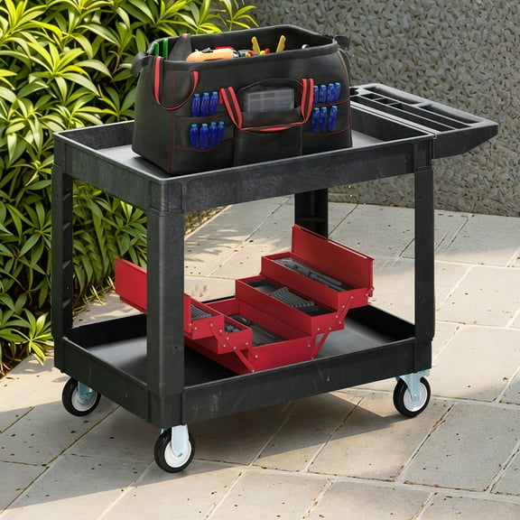 Dextrus Heavy-Duty Utility Cart, 550 lbs Capacity, 45 x 25 inch Plastic Rolling Service Cart with 2 Shelves, Black
