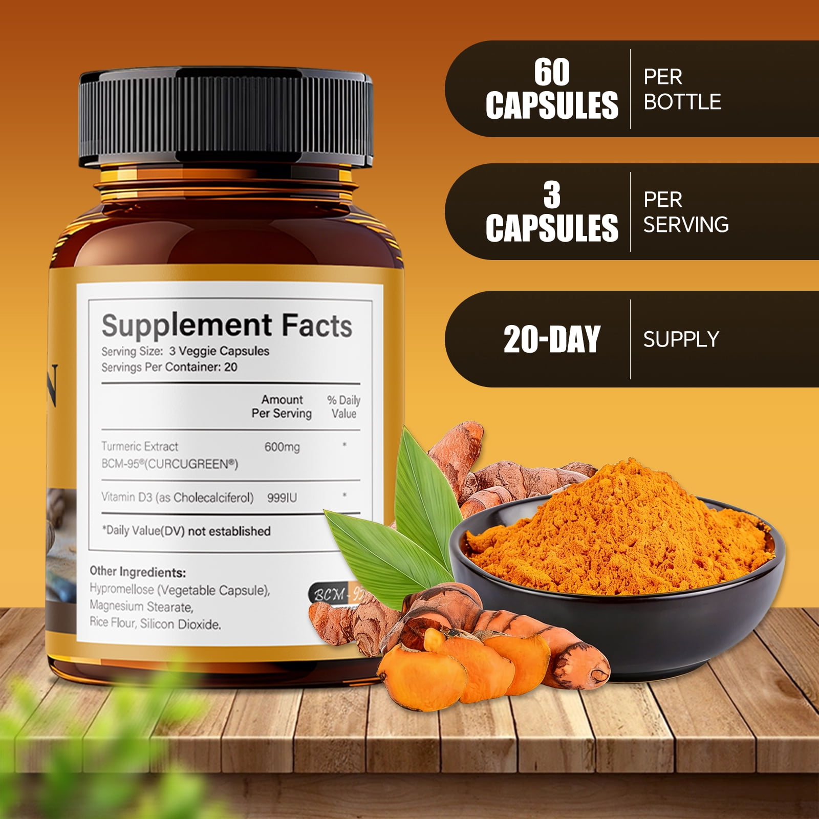 Turmeric Curcumin Supplement BCM-95® Curcuminoids- 600mg Organic Turmeric with Vitamin D3 Per Serving High Absorption-Non-GMO Tumeric Capsules for Joint Support, Bottled in USA - 60 Capsules