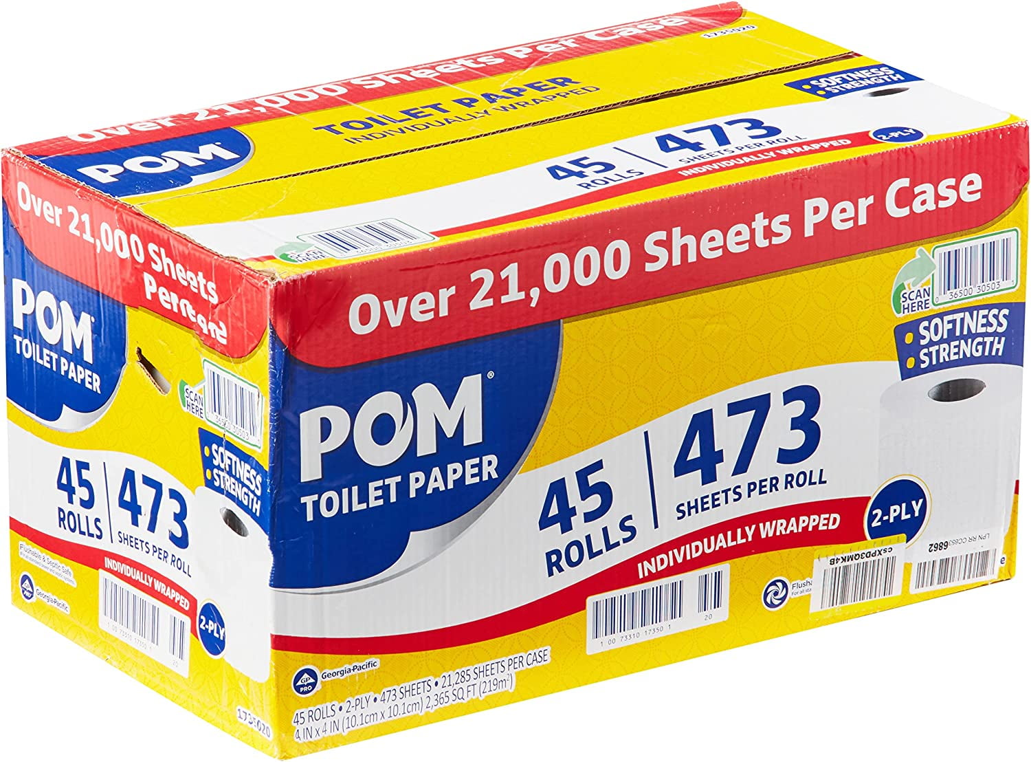 Pom Embossed 2-ply Toilet Paper, White, 45 Rolls, 473 Sheets