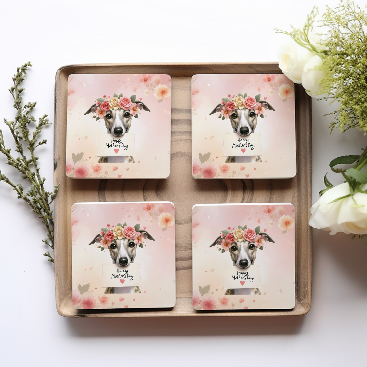 Happy Mother's Day Whippet with Flower Crown and Greeting Card Set of 4 Stone Coasters Dog Lover 4x4in Absorbent Soapstone Coaster - 13004