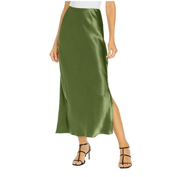 Ediodpoh Satin Maxi Skirt Womens High Waist Solid Color Elastic Waist with Side Slit Flowy Long Skirt Mini Skirts for Women Army Green L