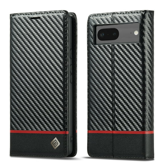 Dteck For Google Pixel 7 Magnetic Carbon Fiber Leather Case with Card Holder for Men and Women, Folio Flip Cover with RFID Blocking, #1 Black