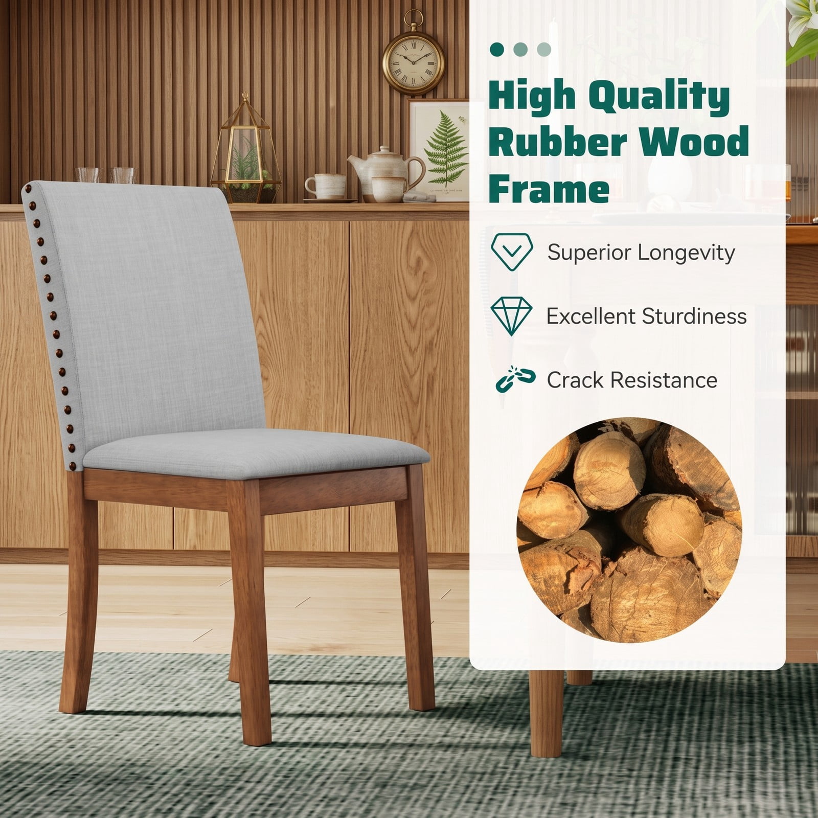 Furnibear Set of 2 Upholstered Dining Chairs, Rubber Wood Faux Linen Fabric Accent Side Chairs with Padded Seat and Nailhead Trim for Dining Room, Ash Gray & Walnut