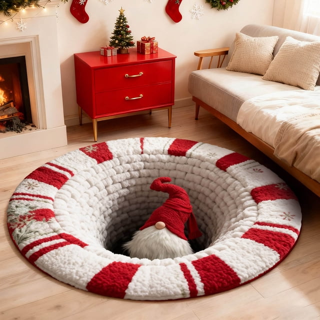 uhnmki Christmas 3D Rug – Christmas Optical I Llusion Rugs Decorative Rug with Depth Pattern Theme Santa C Laus Quilted Round Durable Fabric Gi Ft for Home Parties