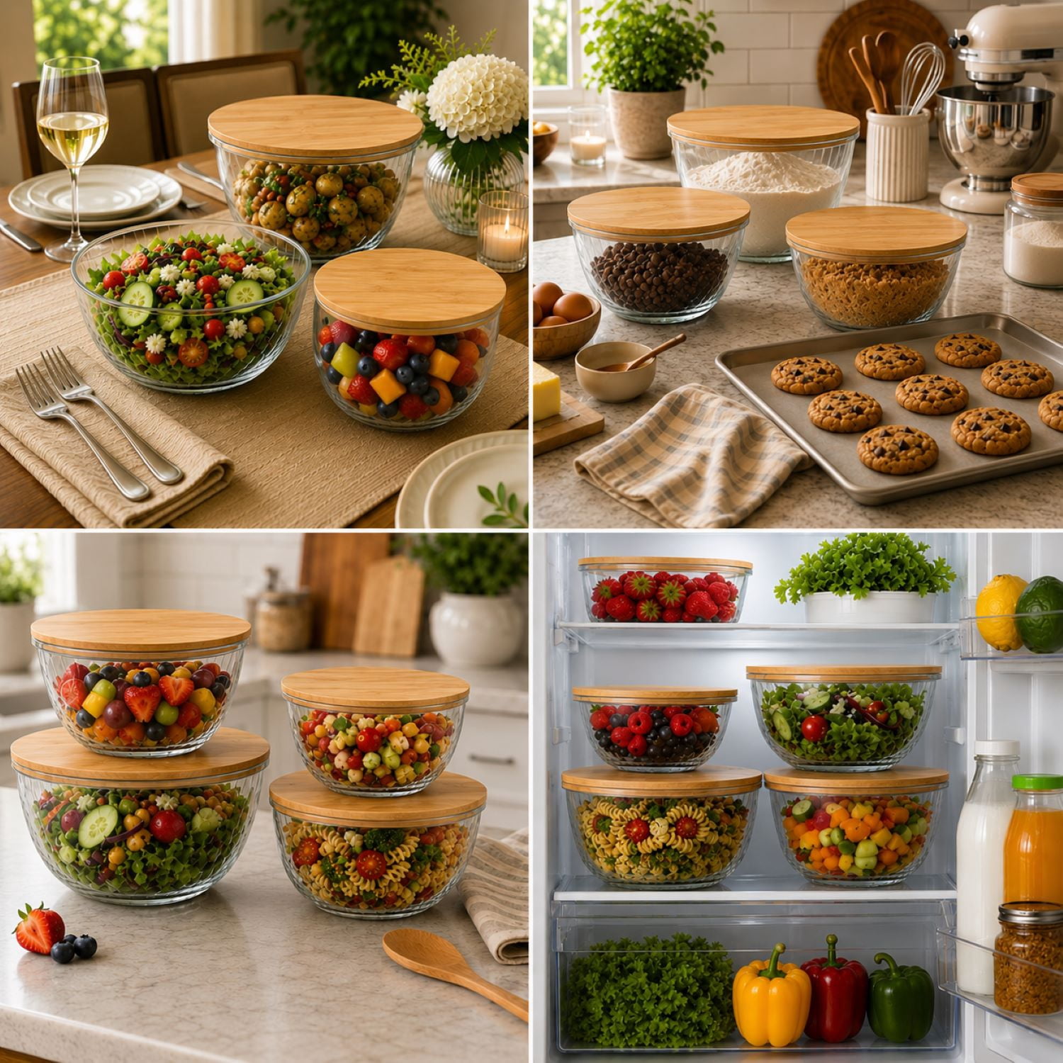 Sorbus 4-Piece Glass Mixing Bowl Set with Airtight Bamboo Lids, Assorted Sizes, Nesting Storage Bowls