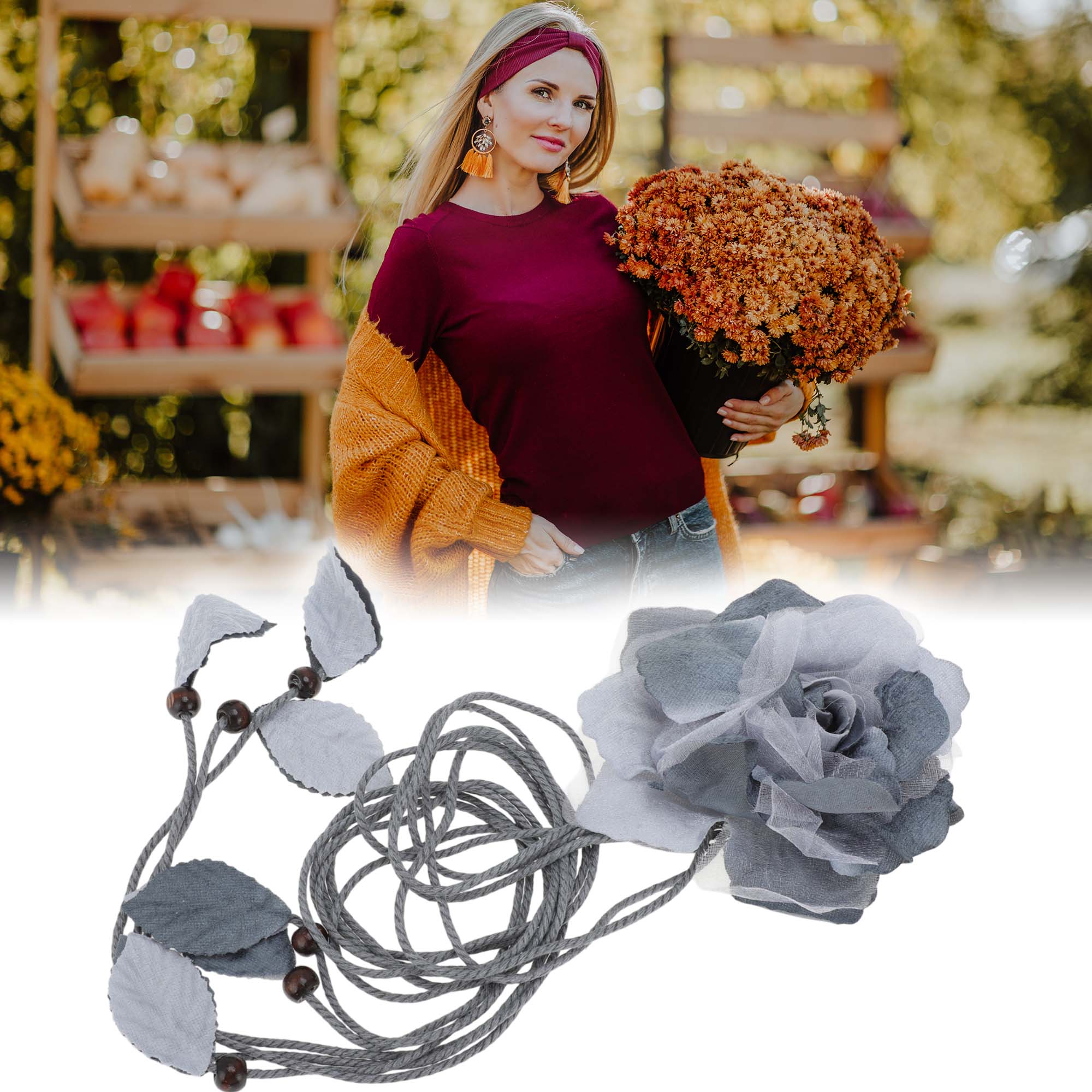 Unique Bargains Flower Tie Adjustable Waist Belt for Women Gray