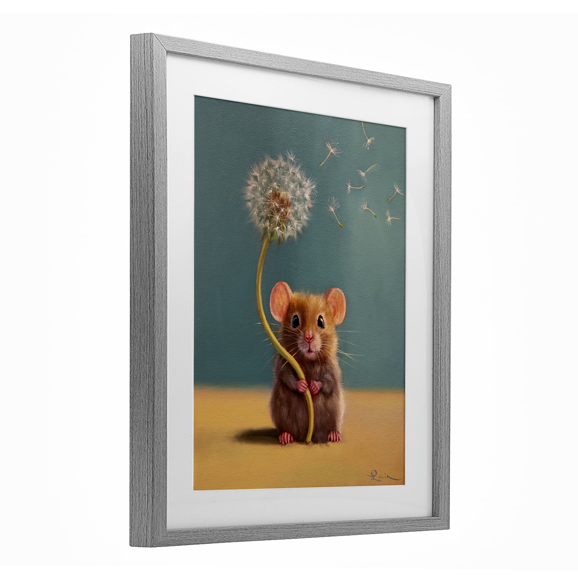Tiny Wishes Mouse & Dandelion Gray Framed Print Under Glass, design by Lucia Heffernan