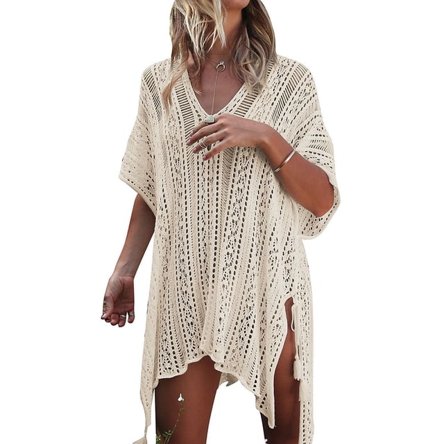 Salida de playa HARHAY de crochet con cuello en V y cordón, talla M-XXL