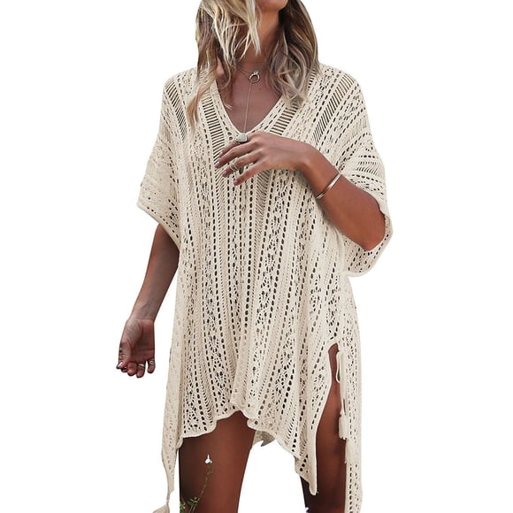 Salida de playa HARHAY de crochet con cuello en V y cordón, talla M-XXL