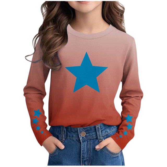 LOVZFMLL Hauts pour Adolescentes, T-Shirt à Manches Longues à Col Rond, Mode Décontractée Polyvalente à Imprimé Ombré d'Étoiles, Vêtements d'Automne Vêtements pour Filles de 13-14 Ans