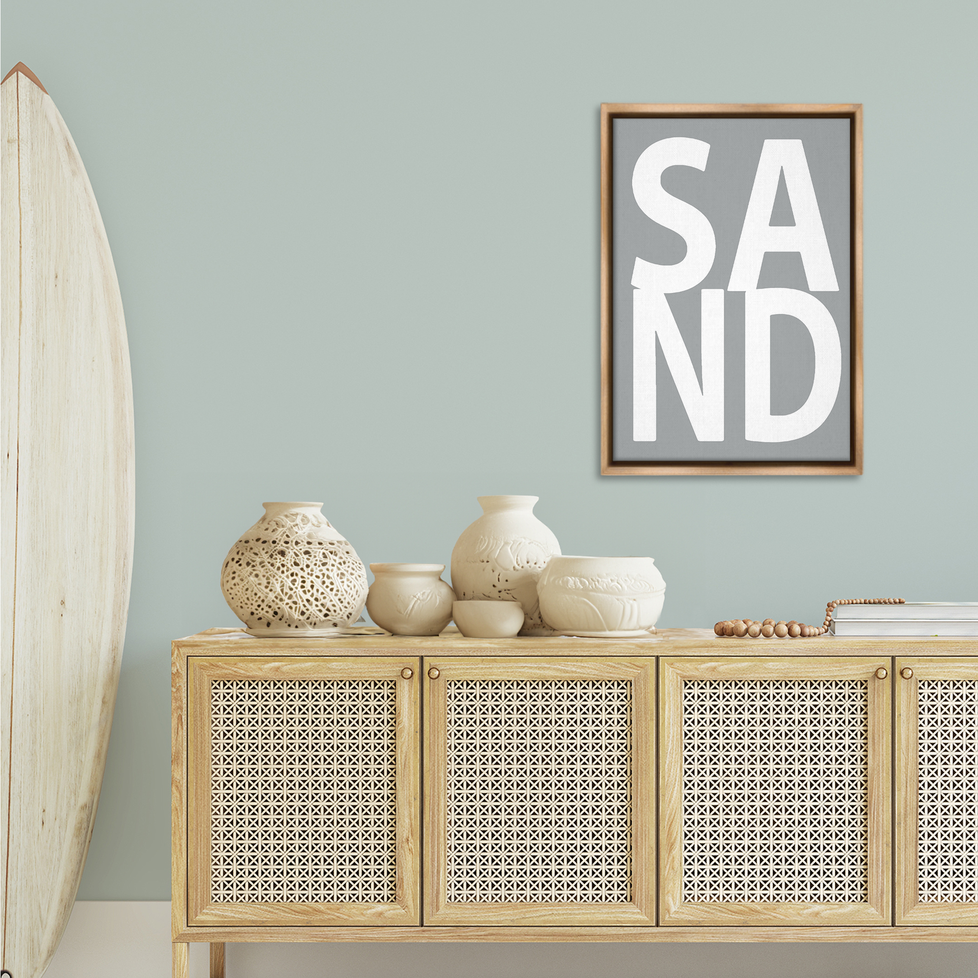Stupell Industries Sand Word on Grey Typography Painting Brown Floater Framed Art Print Wall Art, 21 x 31