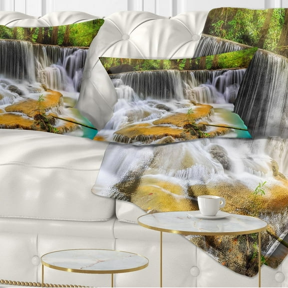 Designart Wide View of Erawan Waterfall - Landscape Printed Throw Pillow - 12x20