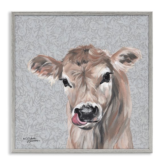 Stupell Industries Young Calf Portrait on Floral Animals & Insects Painting Gray Framed Art Print Wall Art, 24 x 24