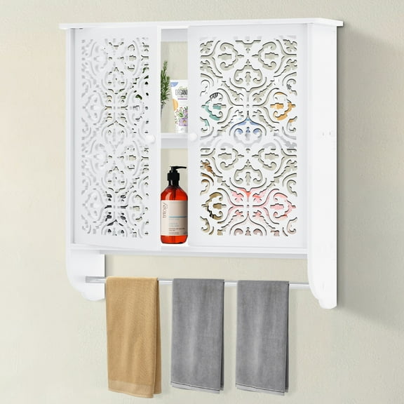 HONEIER Bathroom Wall Cabinet with Towels Bar Over The Toilet Space Saver Storage Cabinet Wall Mounted Medicine Cabinets with 2 Doors for Toilet, Bathroom, Living Room, Kitchen, Laundry