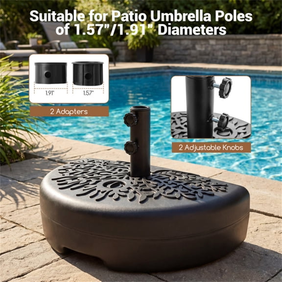 Refillable Half-Round Patio Umbrella Base Black 55LBS Mixed Fill Capacity HDPE Waterproof Universal Fit 1.57"/1.91" Umbrella Poles Outdoor Stable Umbrella Stand