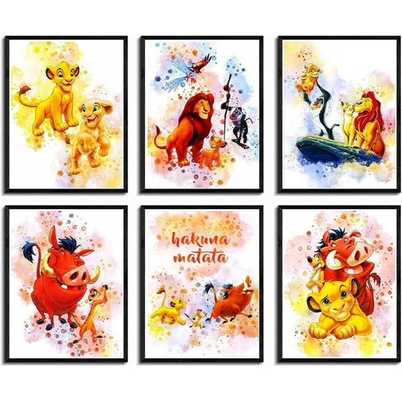 Lion King Poster Simba Watercolor Prints Wall Art Decor Timon Pumbaa Nala Canvas Art HD Print Painting Room Aesthetics Decor 8X10 inch Set of 6 Unframed