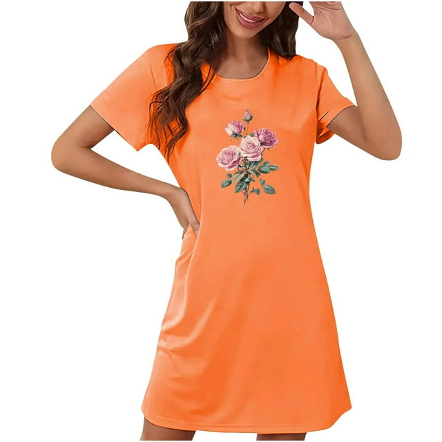 Xysaqa Chemises de Nuit & Chemises de Nuit pour Femmes, Chemises de Nuit pour Femmes Douces à Manches Courtes Robe de Nuit Imprimée Florale Vêtements de Nuit Liquidation Orange TG