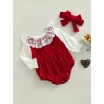 thumbnail image 3 of Michellecmm Baby Girls Two-piece Clothes Set, Wine Red Long Sleeve Lace Hem Romper and Headdress, 0-24 Months, 3 of 9