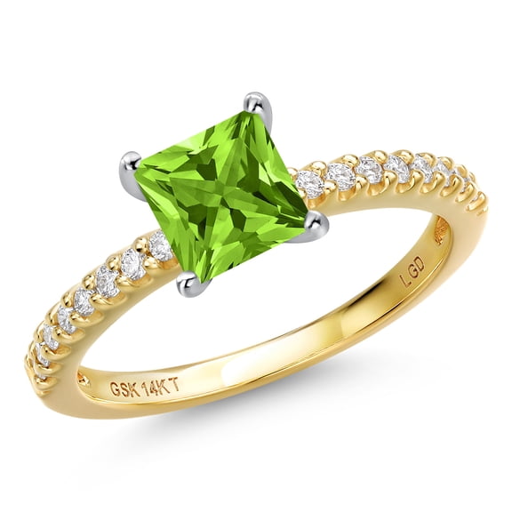 Gem Stone King 14K Two Tone Gold Green Peridot and Lab Grown Diamond Engagement Ring for Women | 0.89 Cttw | Princess 5MM | Gemstone August Birthstone | Size 9
