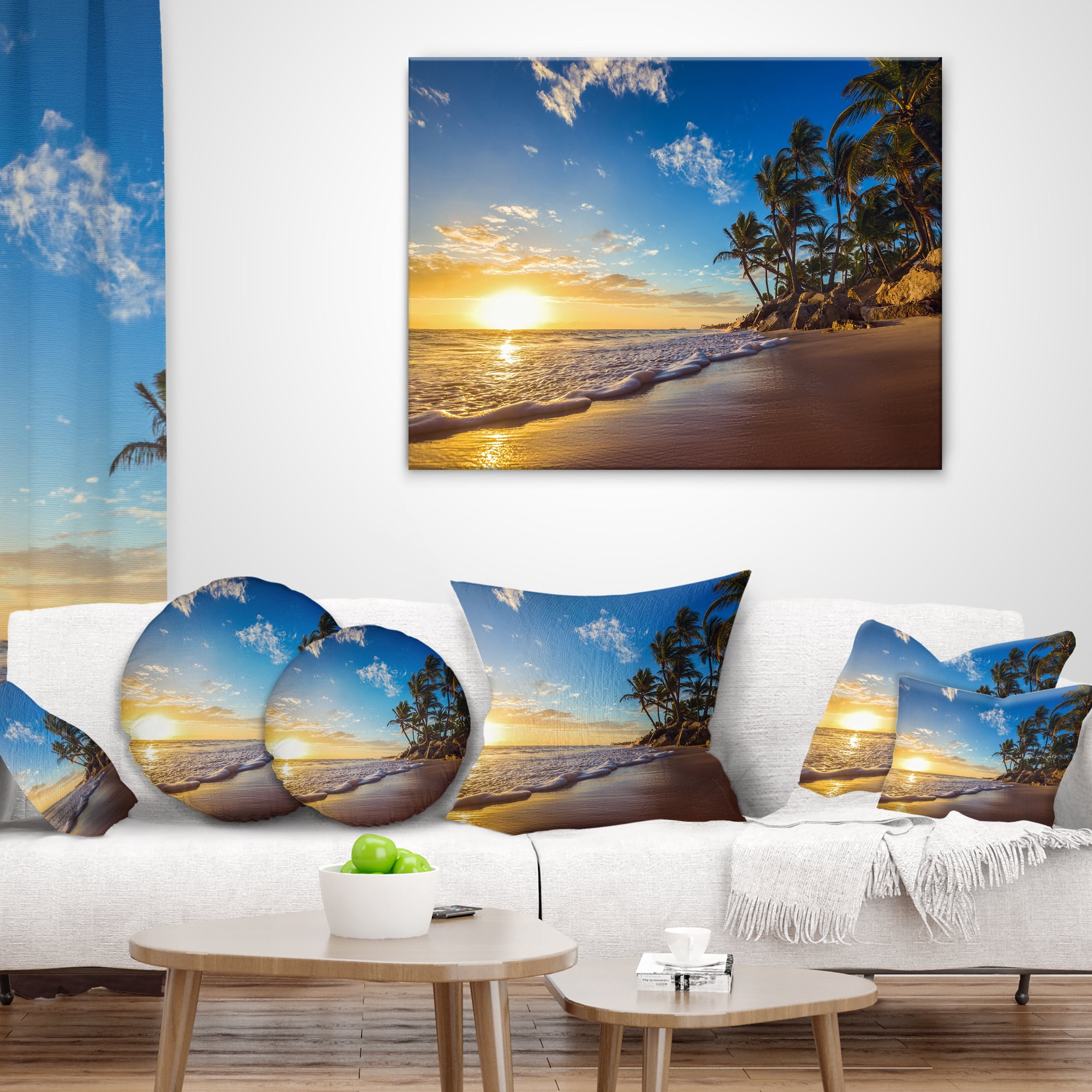 Designart Paradise Tropical Island Beach Sunrise - Seashore Throw Pillow - 16x16