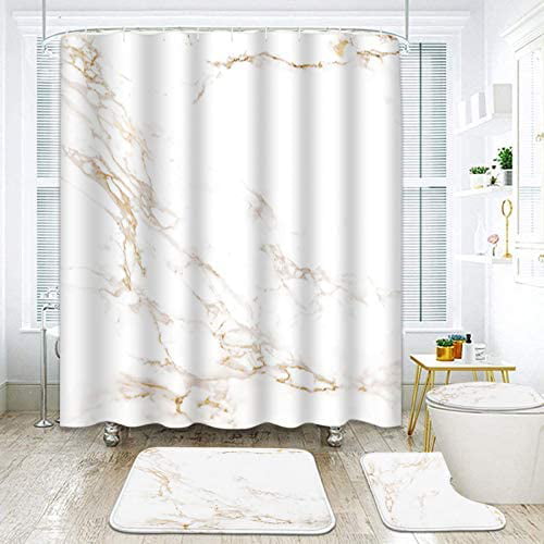 4Pcs Marble Waterproof Shower Curtain Set Non-slip Bath Mat Rug Toilet Lid Cover 