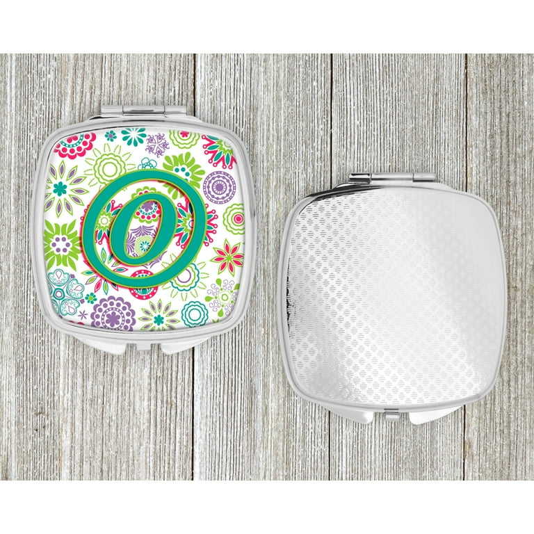 Letter O Flowers Pink Teal Green Initial Compact Mirror CJ2011-OSCM