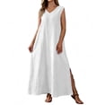 thumbnail image 2 of ClodeEU Women's V Neck Sleeveless Maxi Dress with Side Slit, Casual Solid Color Loose Flowy Dress White,Women's Plus XXL, 2 of 8