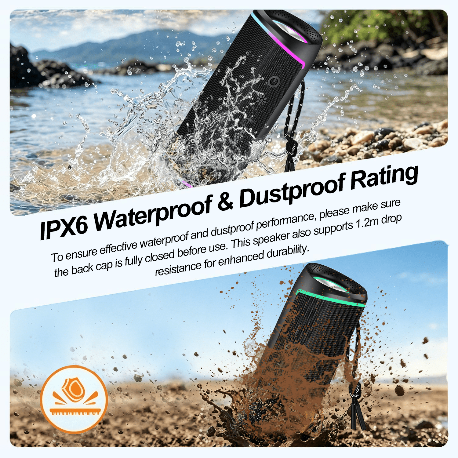 Portable Bluetooth Speaker with RGB Lights, IPX6 Waterproof Wireless Speaker 10H Playtime, Outdoor Loud Speaker with TWS Pairing for Bike Beach Party Home, Black