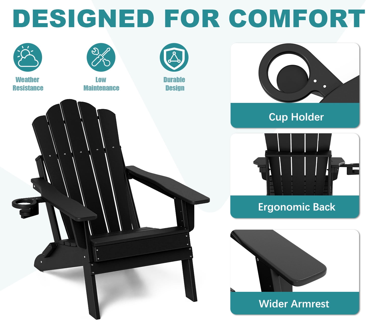 FOOWIN Adjustable Backrest Folding Adirondack Chair with Cup Holder, HDPE Weather Resistant Fire Pit Chair, Black