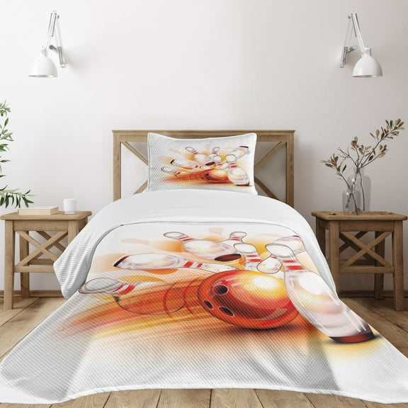 Ambesonne Bowling Quilted Bedspread Set 2 Pcs, Ball Crashing, Twin Size, Red Orange White