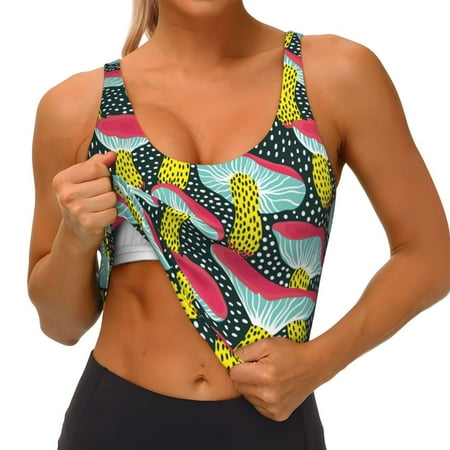 Qokaie Green Mushroom Pattern Womens Scoop Neck Sports Bra Breathable Workout Vest Padded U Back Medium Impact Fitness Gym Yoga Bra Workout Crop Top