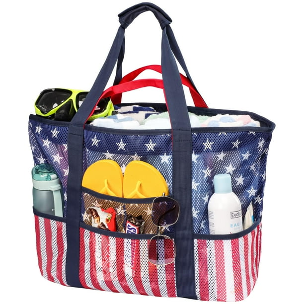 Bolsa de Playa de Malla en Color F con 9 Bolsillos para Mujer con Diseño de Bandera Americana