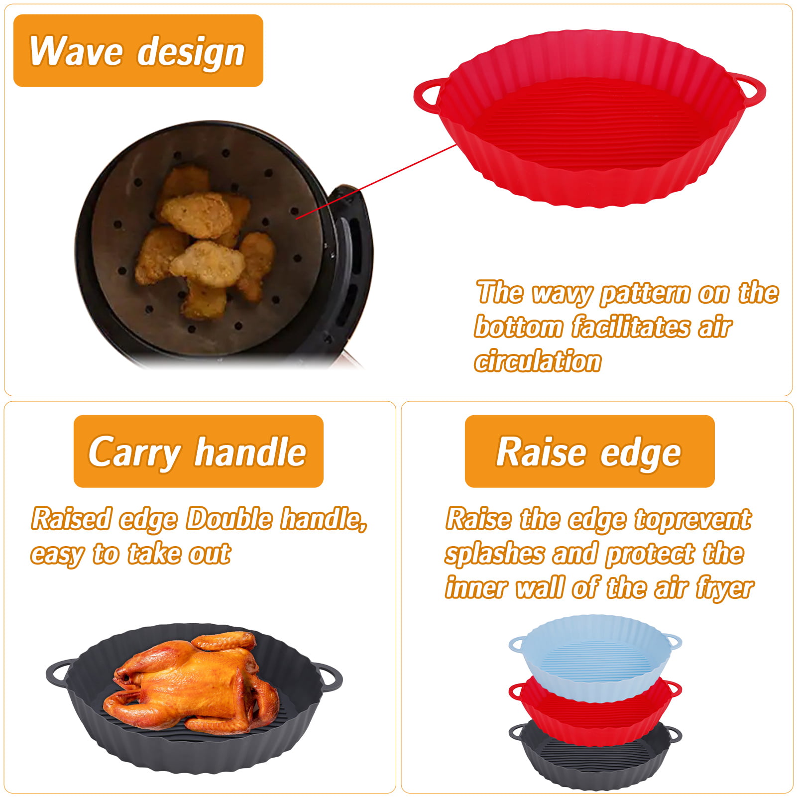 Qweryboo 2-Pack Square Silicone Air Fryer Liners, 9.25 inch Reusable Air Fryer Silicone Basket Heat Resistant Air Fryer Pot for 4 to 7 qt Air Fryer