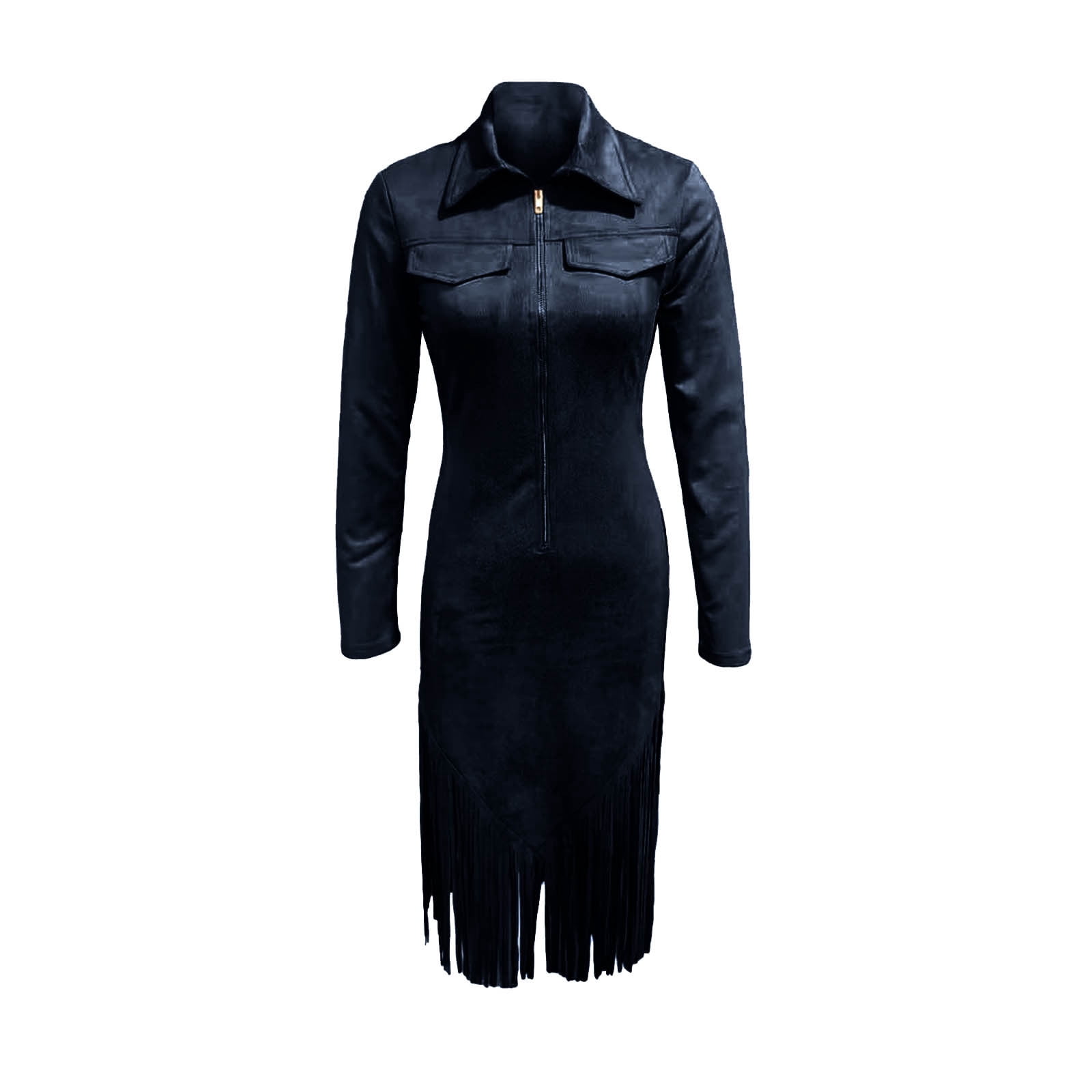 Women Western Suede Midi Dress Lapel Zip Up Long Sleeve Tassel Hem Vintage Cowgirl Slim Fit Dresses