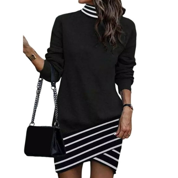 Womens Fall Long Sleeve Turtleneck Wrap Hem Sweatshirt Dress Casual Loose Leopard Print Dresses