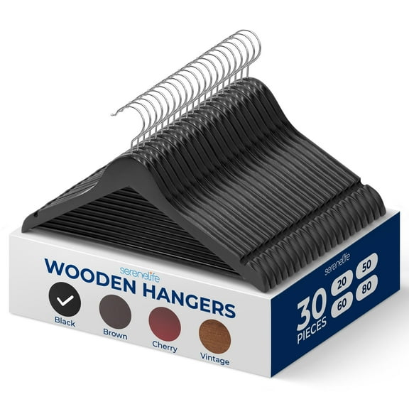 SereneLife 30 Pack Wooden Coat Hangers Durable Suit Hangers with 360 Swivel Hook & Notches Slim Design for Shirts, Jackets, Dresses, and More