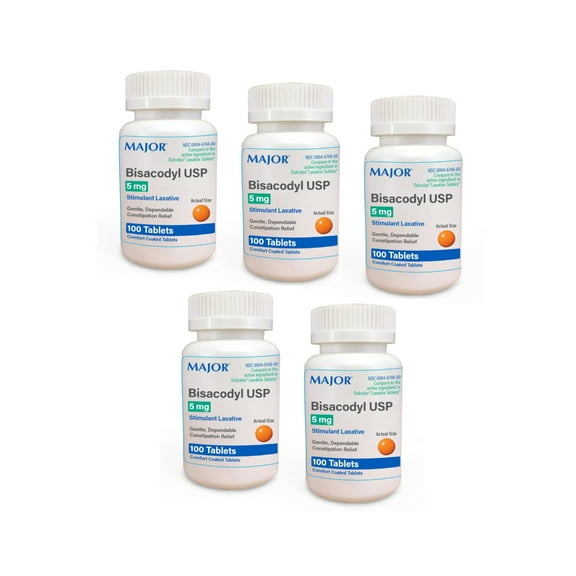 Major Bisacodyl USP Stimulant Laxative 5mg, 100 Tablets - Pack of 5