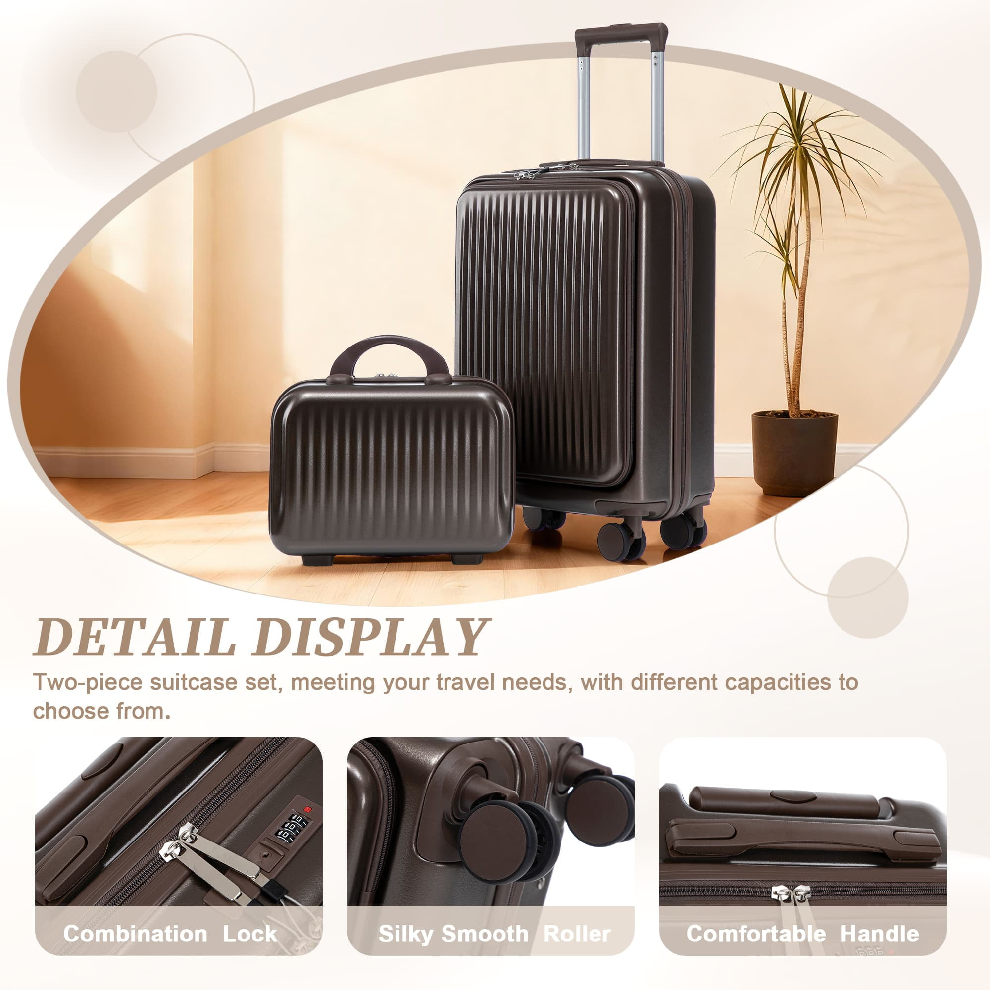 Leumius 2 Piece in ABS Spinner WheelLuggage Sets, HardsideSuitcase with CombinationLock,20 inch Carry OnLuggage 14 inch CosmeticCase,Brown