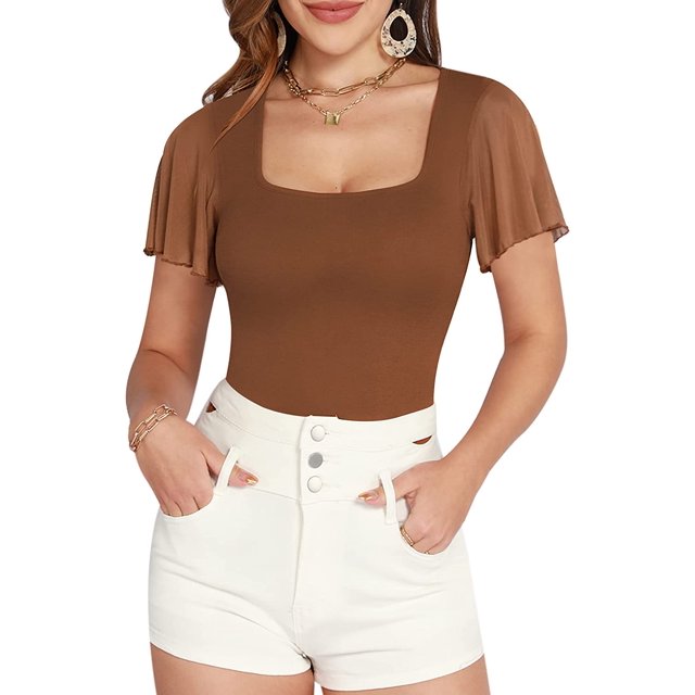 Xishao Body para mujer con cuello cuadrado y volantes de malla transparente, manga corta, ajuste delgado, blusa de cuerpo casual Xishao ropa