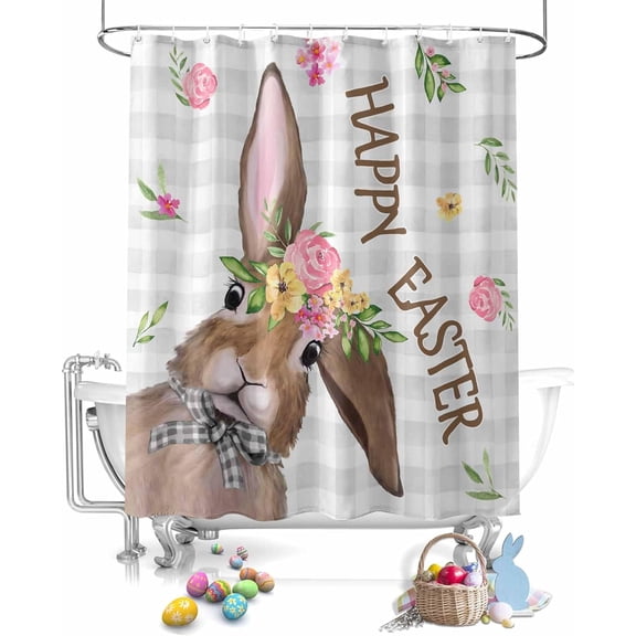 Easter Shower Curtain Bunny Flowers Shower Curtains for Bathroom Decor Gray Plaid Spring Plants Leaves Bath Curtains Sets for Spring Easter Bathroom Decor Fabric Waterproof Extra Long 72" X 84"