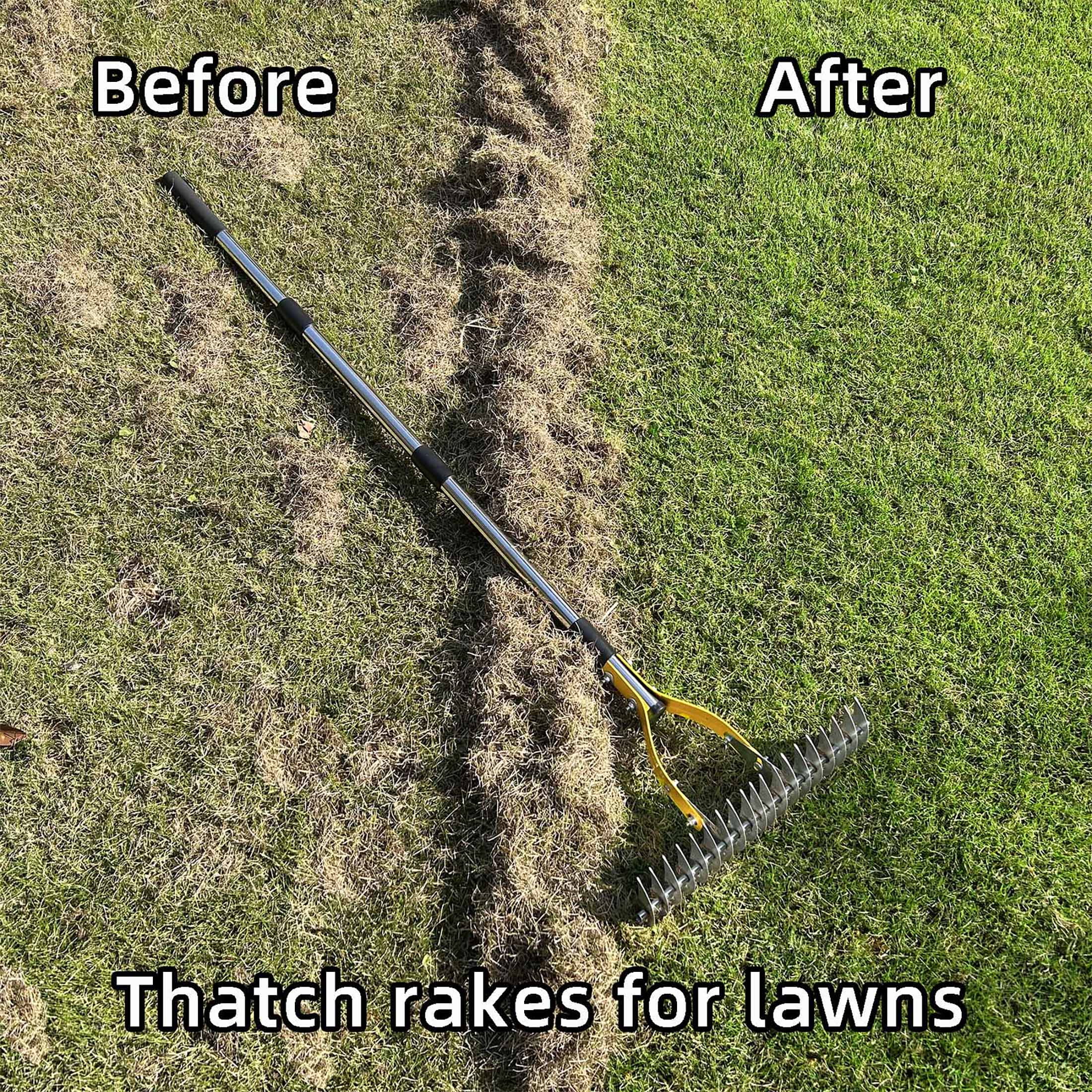 YARTTING Thatch Rake Durable Efficient Dethatcher Rake with Adjustable Handle Steel Garden Rake for Raking Leaves, Dead Grass, Loosening Soil