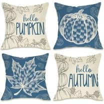 Blue Fall Maple Leaves Decorative Throw Pillow Covers 20 x 20 Set of 4, Hello Autumn Pumpkin Porch Patio Outdoor Pillowcase, Seasonal Sofa Couch Cushion Case Home Decor