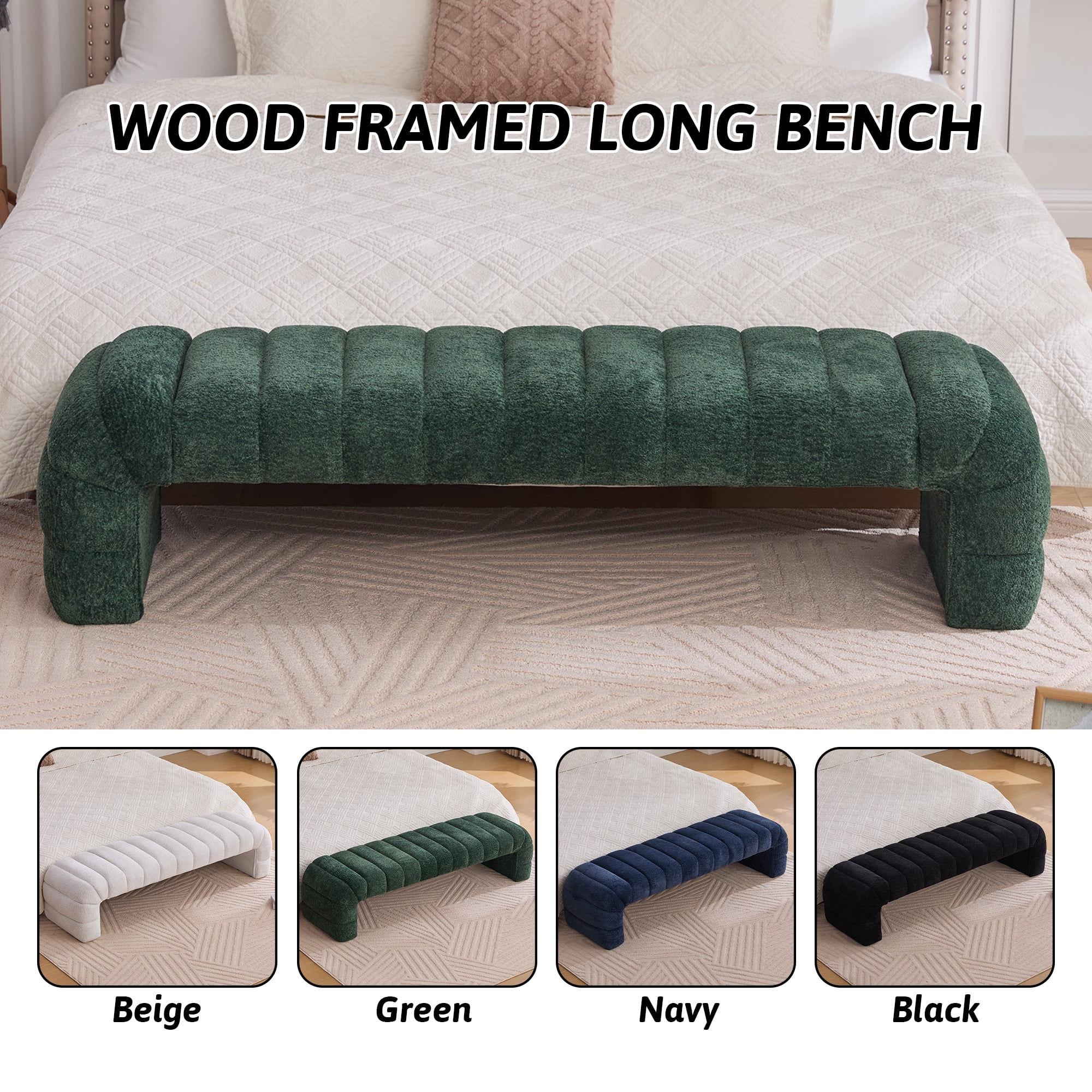 HIUU 70"Green Bench for Bedroom,Bed Benches for Foot of Bed with Streamline Design,Fabric Ottoman Bench with Soft Teddy Fabric,Modern Bedroom Benches for Living Room and Bedroom, Entryway