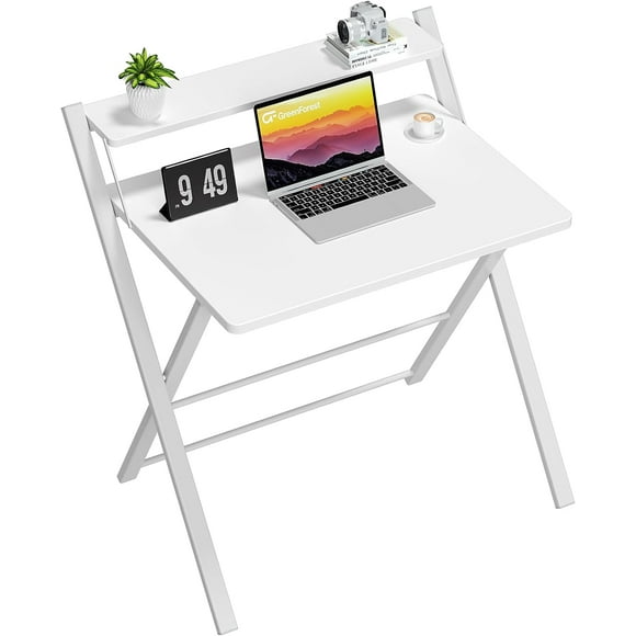 2 Tier Foldable Computer Desk with Shelf for Home Office, Space Saving Portable Laptop Study Folding Table for Small Space, White