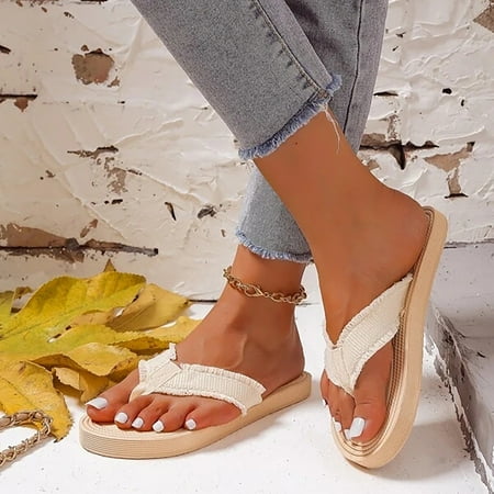 

〖Yilirongyumm〗 Beige 37 Sandals Women Ladies Flat Solid Color Flip Flops Beach Slippers Fashion Slippers Flat Summer Casual Fashion Sandals Beach Slippers