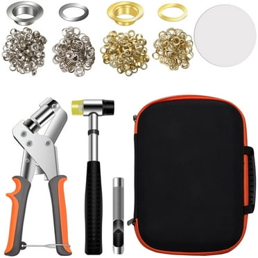 Flngr Grommet Tool Kit with Bag, Handheld Hole Punch Pliers, Hammer, Hole Punch,500 Gold and Silver Metal Eyelets Grommets for DIY Tarp Ring Repair and Installation