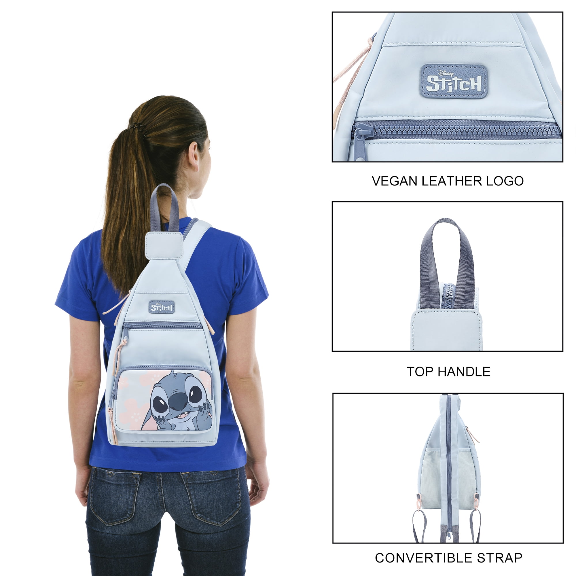 Disney Stitch Character Print Blue 6" Convertible crossbody Sling Backpack Bag
